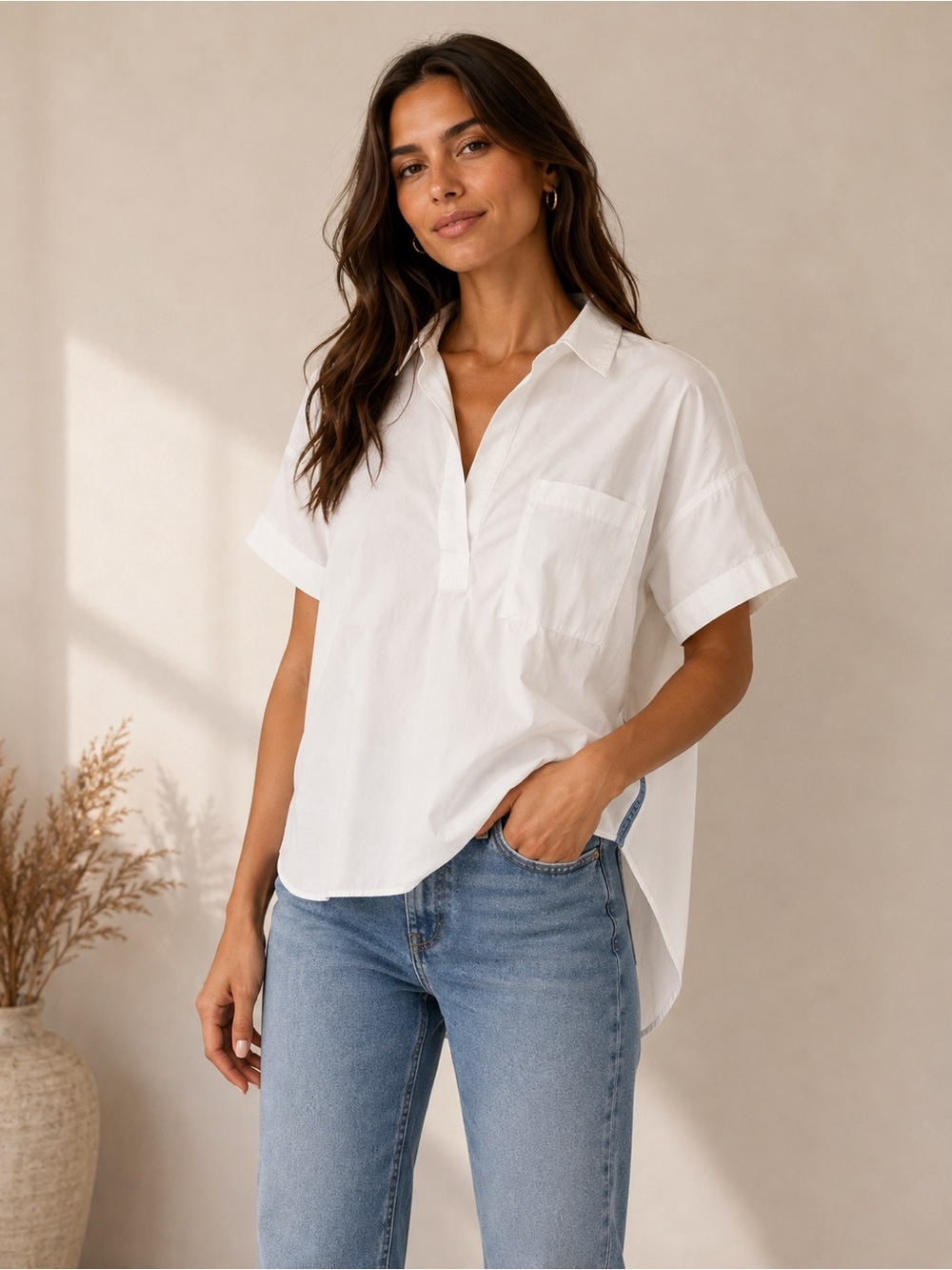 Zara White Short-Sleeve Button-Down Popover Shirt